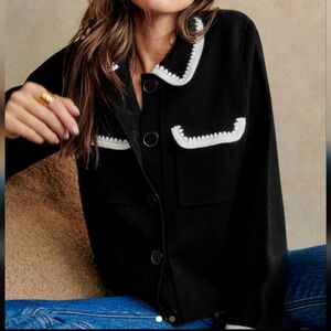 Sezane Black Cardigan with White Trim